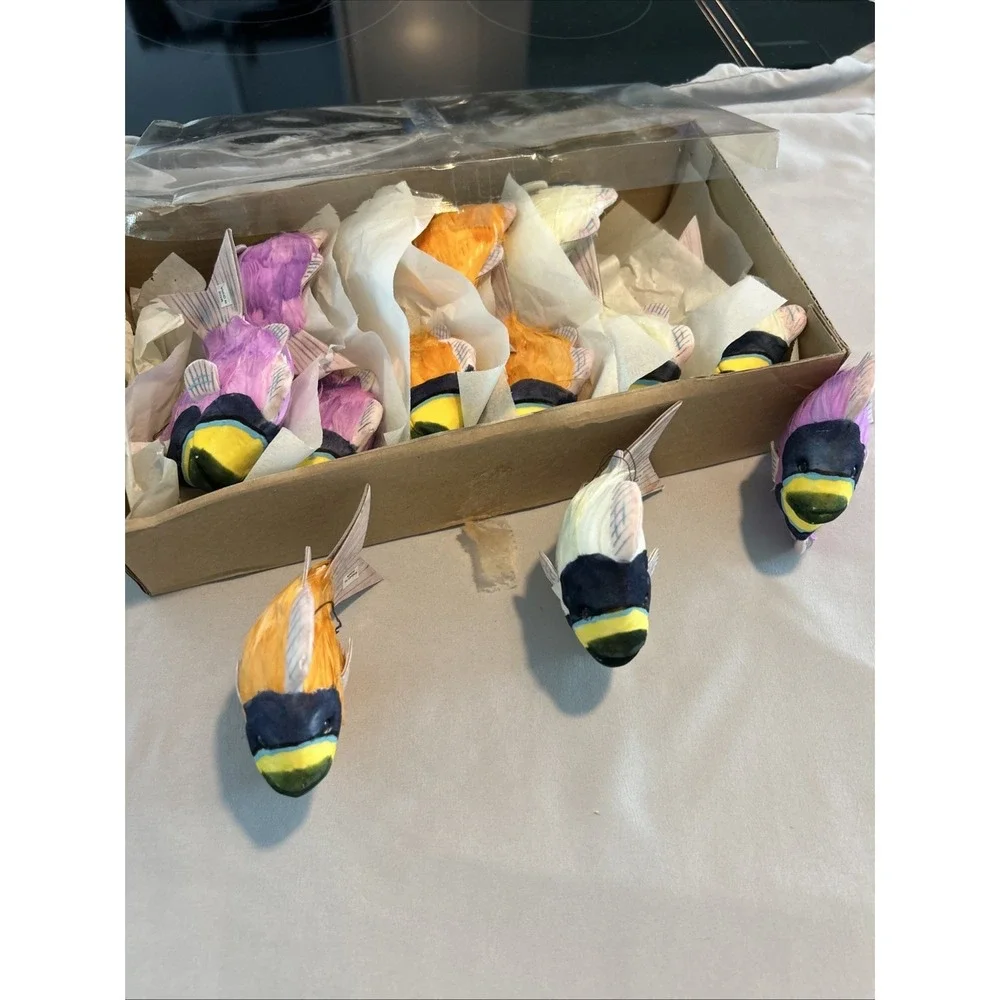 12 Colorful Decorative Paper Fish Hanging Made With‎ Real Bird Feathers